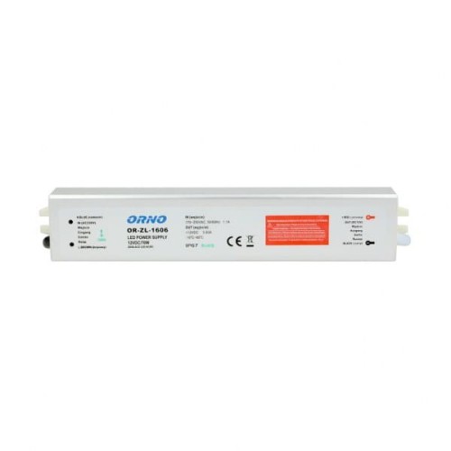 Zasilacz do LED 12VDC 70W IP67 OR-ZL-1606, prostokątny, metalowy, w kolorze srebrnym. Widoczne oznaczenia techniczne, logo ORNO oraz informacje o zasilaniu. Złącza po obu końcach, przeznaczony do użytku w warunkach zewnętrznych.