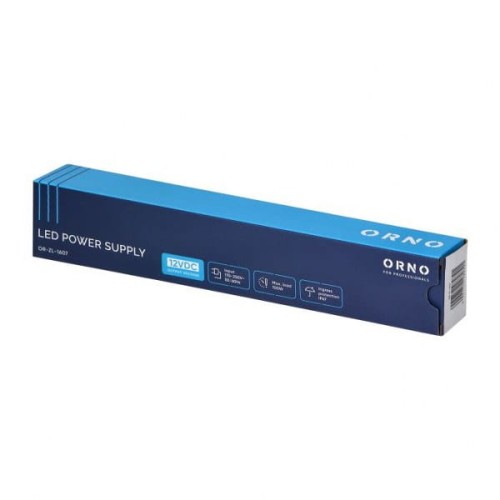 Zasilacz do LED 12VDC 100W IP67 w niebieskim opakowaniu z logo ORNO. Widoczne napisy: LED POWER SUPPLY oraz 12VDC. Opakowanie prostokątne, z grafiką informacyjną i ikonami funkcji.