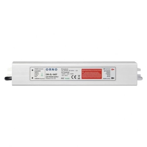 Zasilacz do LED 12VDC 100W IP67 w aluminiowej obudowie. Długa, prostokątna konstrukcja z widocznymi napisami i oznaczeniami na boku. Złącza z lewej i prawej strony. Produkt przeznaczony do użytku w warunkach zewnętrznych.