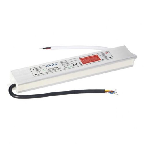 Zasilacz LED 12VDC 100W IP67 w aluminiowej obudowie. Widoczny przewód z trzema żyłami oraz etykieta z informacjami technicznymi. Produkt leży na białym tle, na pełnej powierzchni.