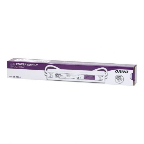 Zasilacz do LED 12VDC 30W IP67 w opakowaniu. Na białym tle widoczny napis LED POWER SUPPLY oraz logo ORNO. Opakowanie w kolorze purpurowym, prostokątne, z widocznymi danymi technicznymi.