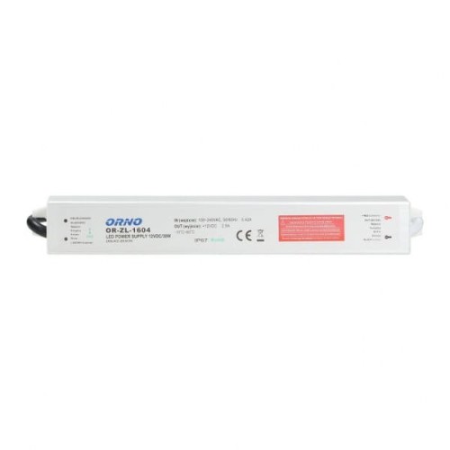 Zasilacz do LED 12VDC 30W IP67, prostokątny, w kolorze białym. Widoczny numer modelu OR-ZL-1604. Produkt z przewodem zasilającym oraz oznaczeniami technicznymi na obudowie. Ujęcie frontalne, produkt leżący.