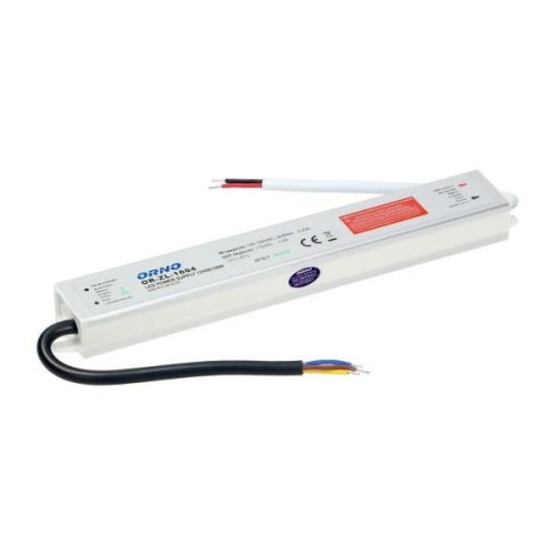 Zasilacz do LED 12VDC 30W IP67, w białej obudowie, z wyraźnymi napisami i złączami. Widoczny kabel zasilający w czarnym kolorze oraz dwa przewody (biały i niebieski) z końcówkami. Produkt leży na białym tle.