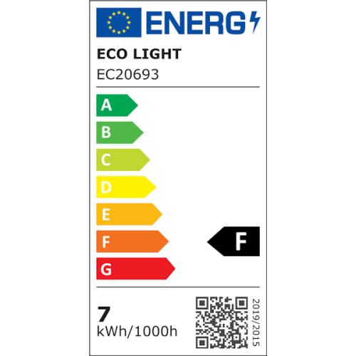 Etykieta energetyczna produktu z oznaczeniem EC20693, pokazująca klasę efektywności energetycznej F. Wskazuje zużycie energii 7 kWh na 1000 godzin, z kolorowymi strzałkami od A do G.