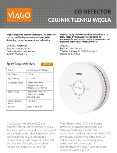 Czujnik tlenku węgla VD238C z wbudowaną baterią CR123A, okrągły, biały, z przyciskami alarmu i testu na froncie. Widoczna dioda LED, tekst Alarm, Test/Hush i Power. Ujęcie boczne, na białym tle, w pozycji stojącej.