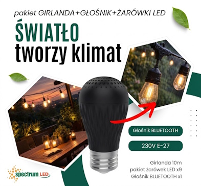 Zestaw Girlanda 10m + 9 żarówek E27 1W + głośnik bluetooth